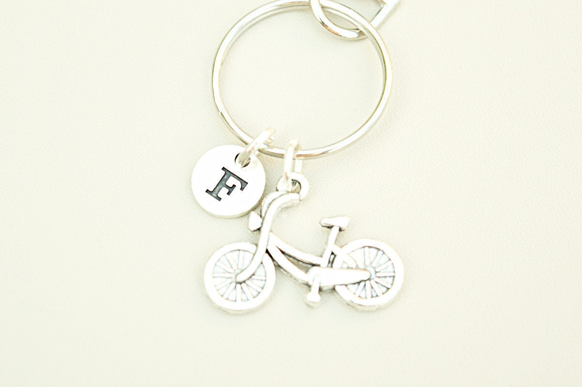 Bicycle Charm Keyring, Hand Stamped Keyring, Bike Keyring, Cyclist Gift, Cyclist Keyring, Silver keychain keyfob, Initial gift, Gift for him