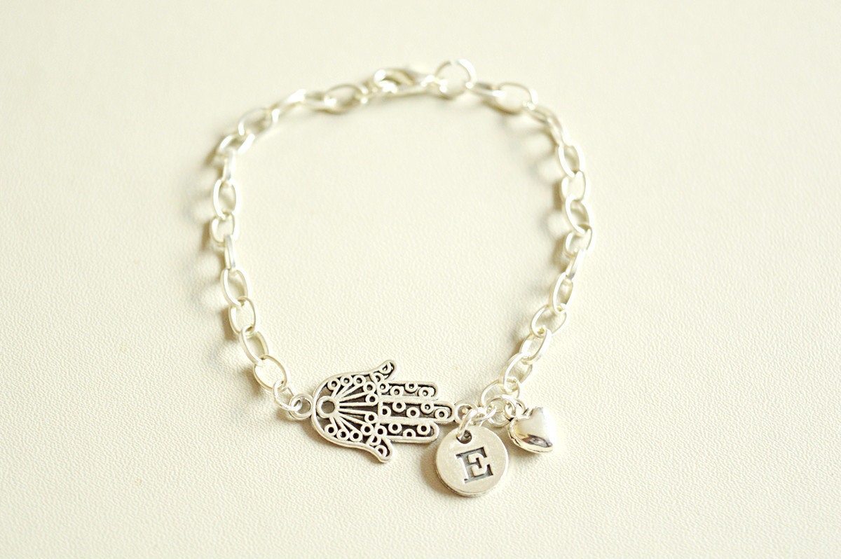 Hamsa Bracelet, Hamsa  Gift, Hamsa Charm Bracelet, Hamsa  Jewelry, Boho Bracelet, Personalized  bracelet, Silver Bracelet, Initial, His, Her