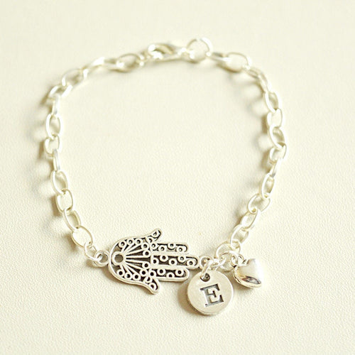 Hamsa Bracelet, Hamsa  Gift, Hamsa Charm Bracelet, Hamsa  Jewelry, Boho Bracelet, Personalized  bracelet, Silver Bracelet, Initial, His, Her