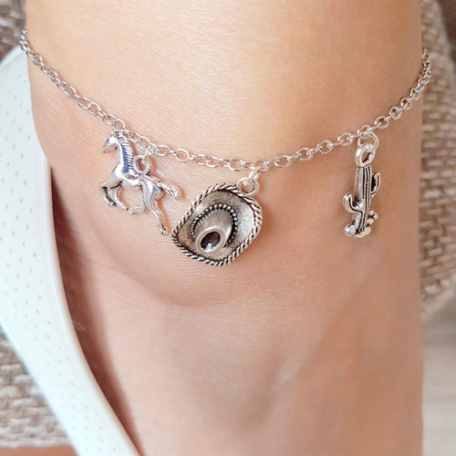 cowgirl jewelry, cowboy bracelet, horse charm jewellery, cowboy hat anklet bracelet, cactus anklet bracelet, cowgirl themed party, gift