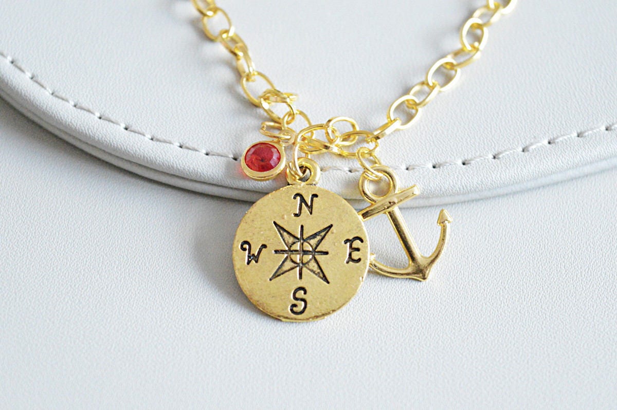 Gold compass jewelry, compass and anchor bracelet, Gold bracelet, Personalized god birthstone bracelet, Simple Bracelet, Bracelet for her