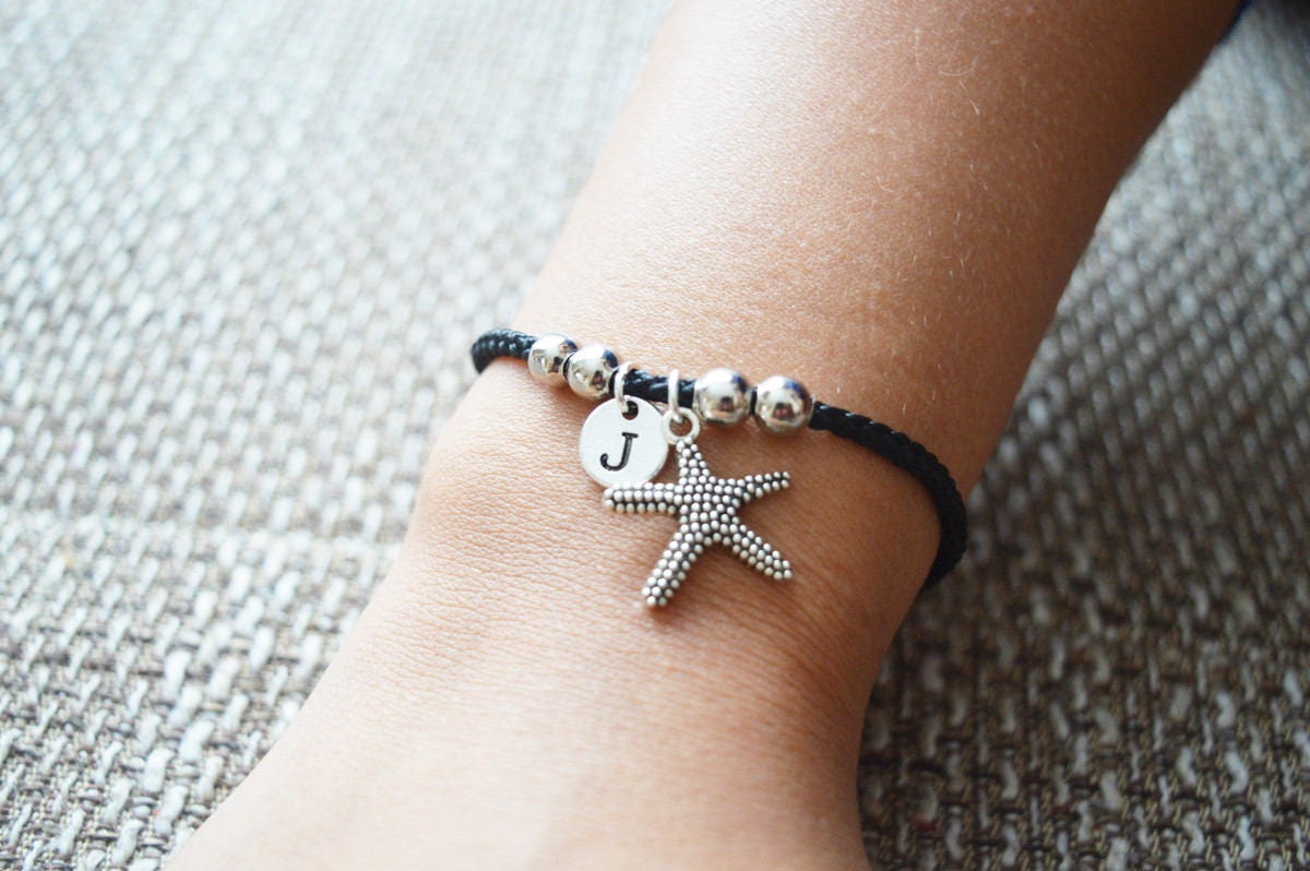 Starfish bracelet, Sea Star bracelet, Silver Star Fish Charm Gift, initial bracelet, personalized Beach Wedding jewelry, Nautical jewelry