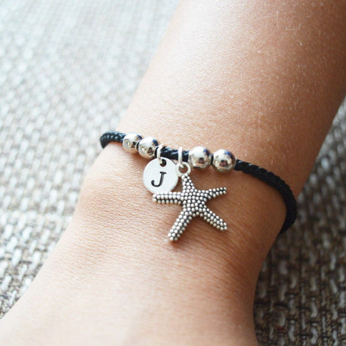 Starfish bracelet, Sea Star bracelet, Silver Star Fish Charm Gift, initial bracelet, personalized Beach Wedding jewelry, Nautical jewelry