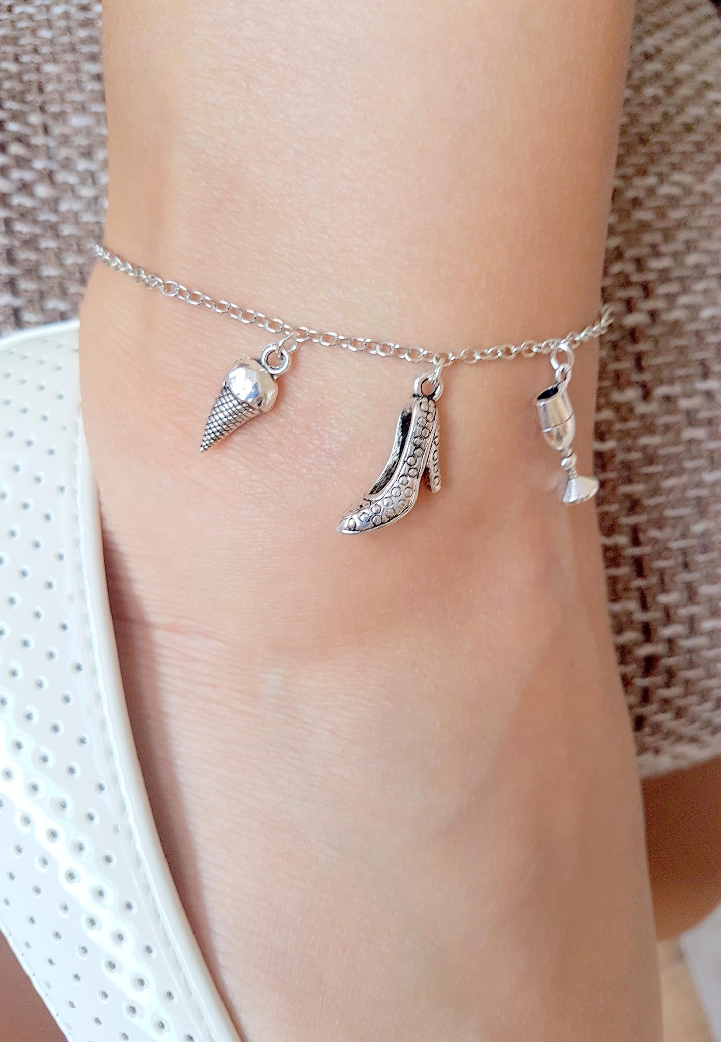 Barefoot jewelry, foot jewellery, shoe charm jewellery, icecream anklet bracelet, charm anklet bracelet, holiday party jewelry,silver anklet