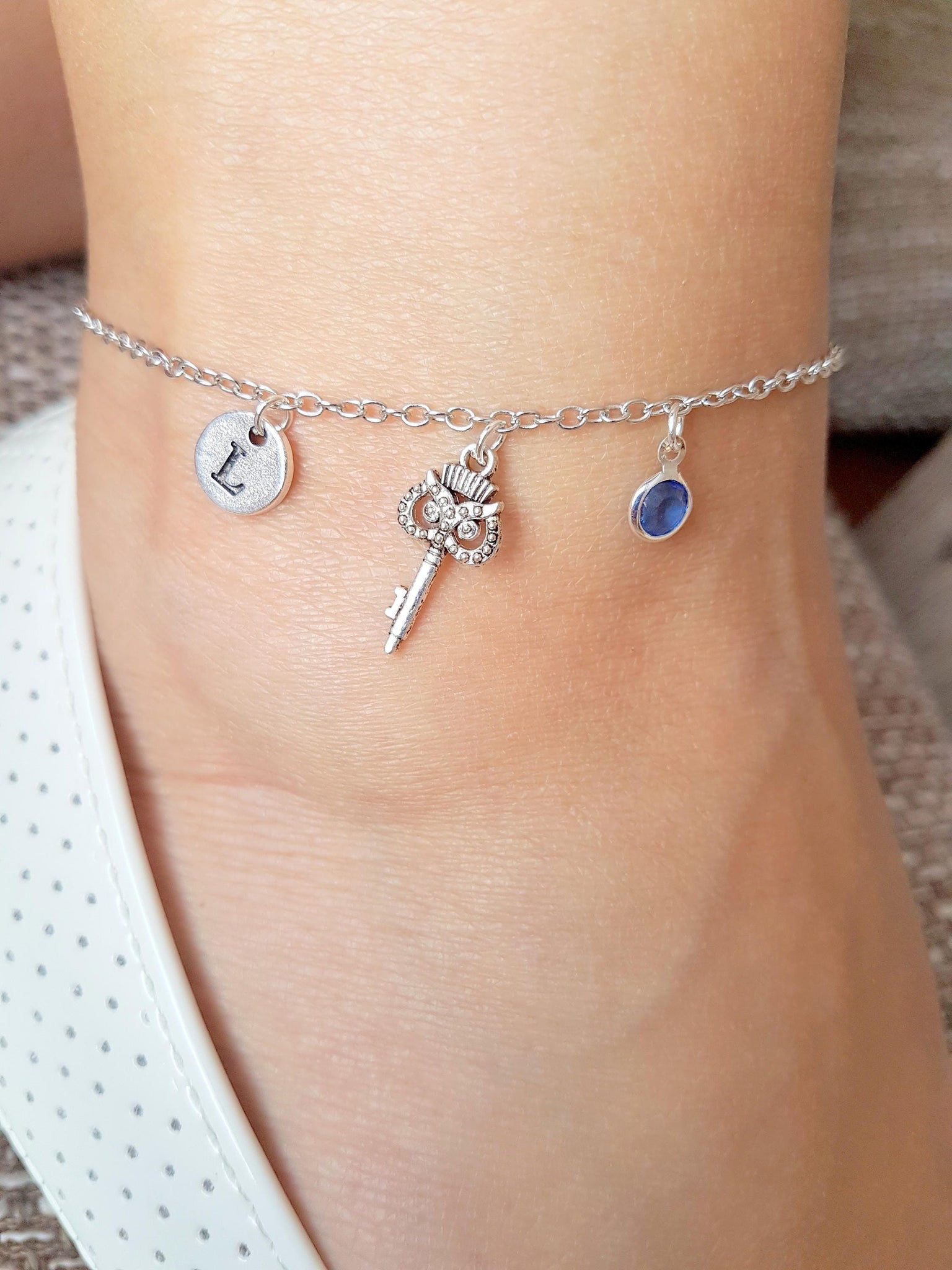 Silver Charm Anklets, Owl Key Foot Bracelet, Anklet Chain, Jewerly for Women, anklet with gem stone, personalized chain anklet,birthday gift