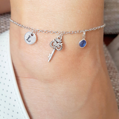 Silver Charm Anklets, Owl Key Foot Bracelet, Anklet Chain, Jewerly for Women, anklet with gem stone, personalized chain anklet,birthday gift