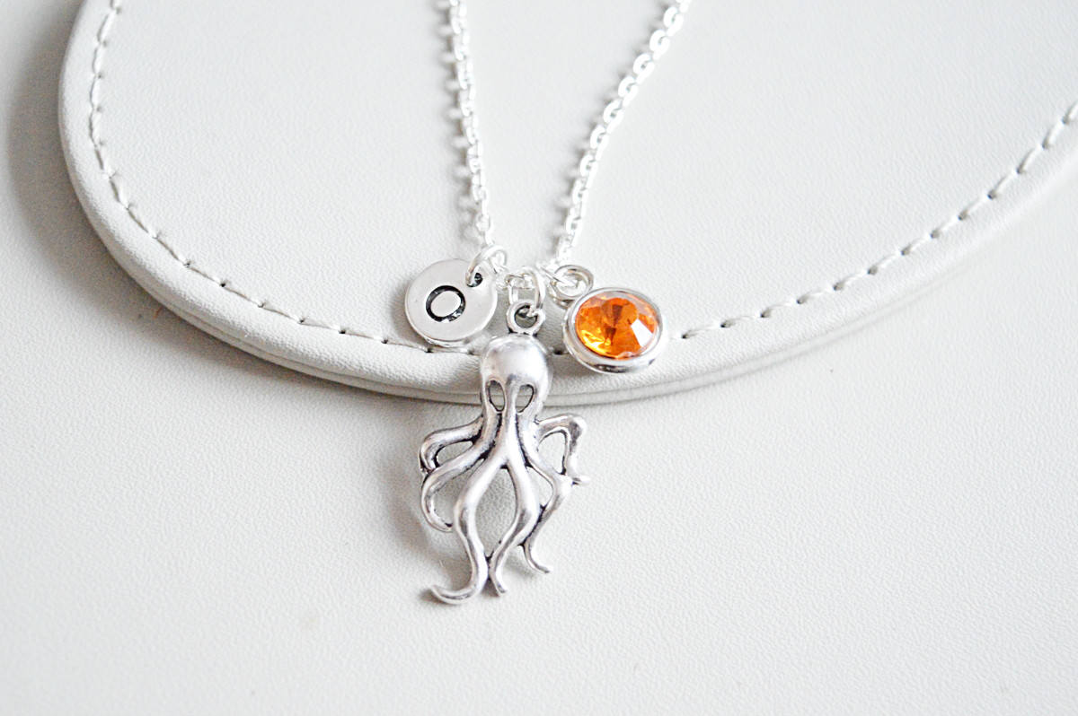 Octopus Necklace, Octopus Gift, Octopus Jewelry, Octopus charm, Sea life necklace, Trendy Gift for her, Trendy jewelry, Birthstone necklace