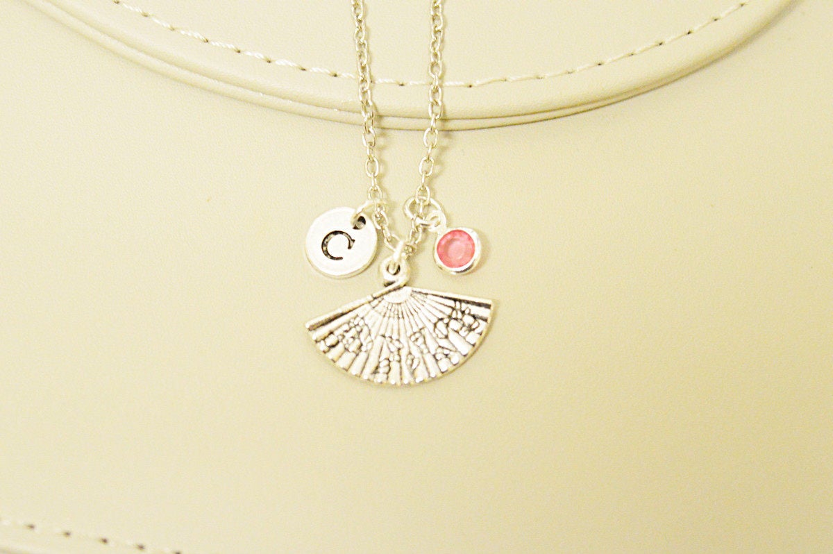 Chinese fan necklace, Japanese fan charm, Hand fan charm, Fashion necklace, Charm necklace , Initial necklace, Engraved necklace, bohemian