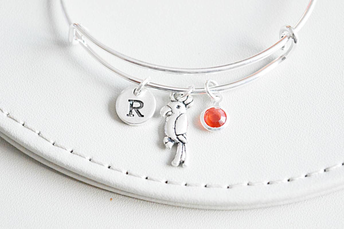 Parrot Bracelet, Parrot Gift, Parrot Bangle,  Parakeet Gift, Toucan Gift, Parrot Jewelry, Bird Charm, Personalized,Monogram, Hand Stamped