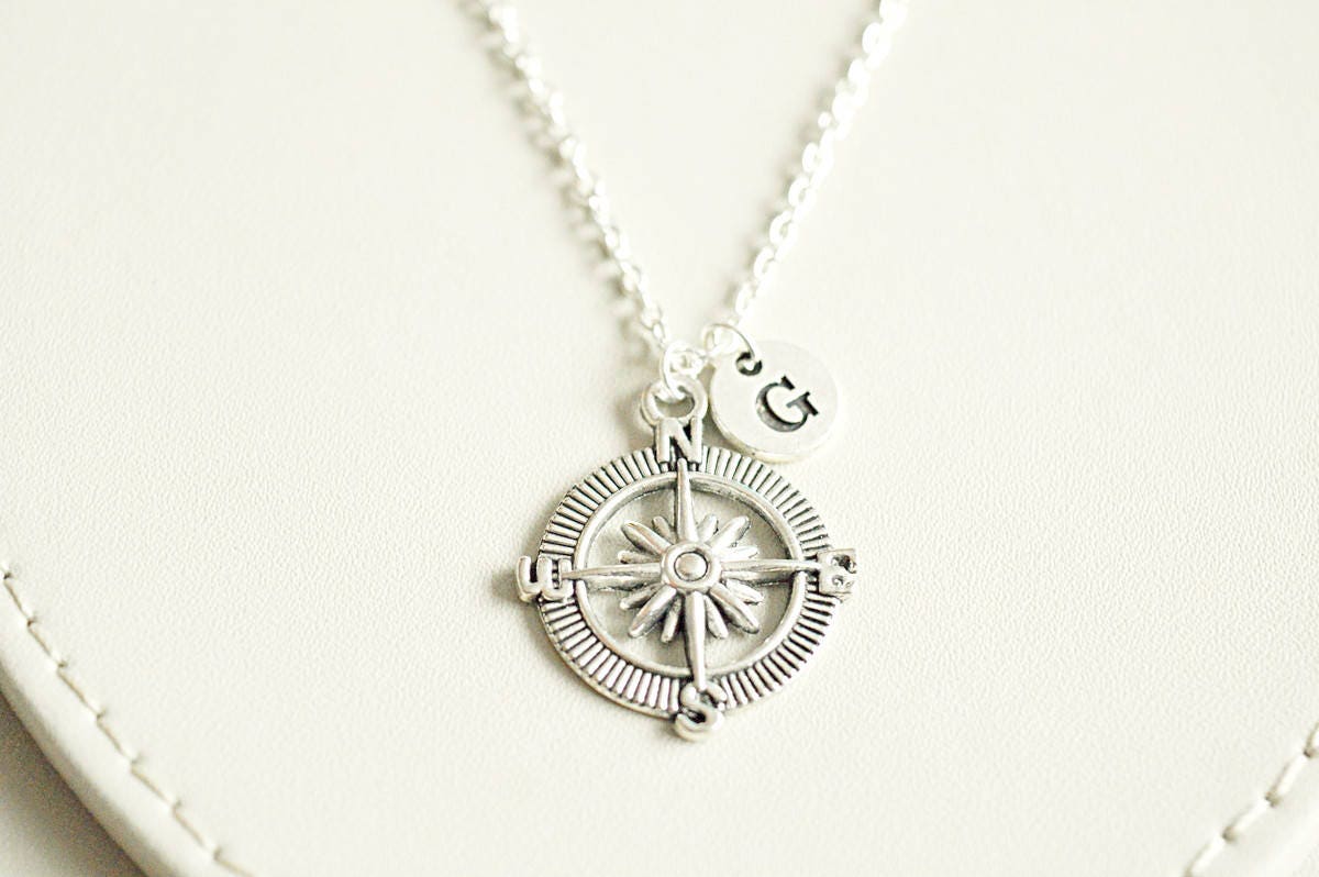 Silver Compass Necklace, Personalized Compass, Initial Birthstone, Friend Compass Charm, Graduation Gift, Travel Gift, Compass Jewelry,