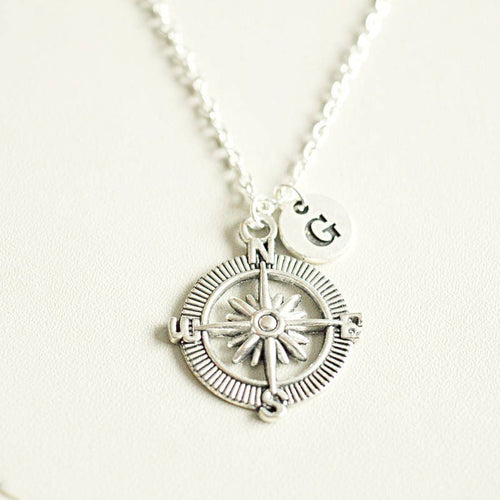 Silver Compass Necklace, Personalized Compass, Initial Birthstone, Friend Compass Charm, Graduation Gift, Travel Gift, Compass Jewelry,