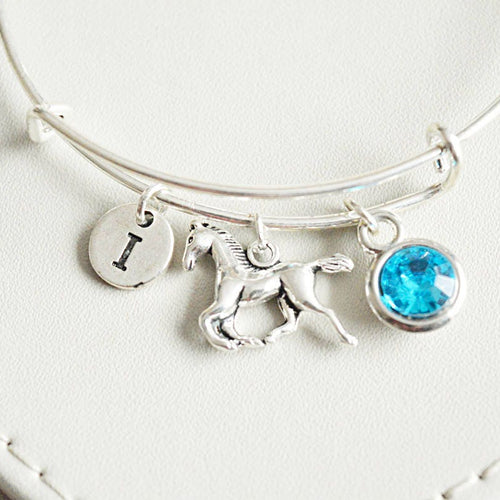 Horse ridding gift, gift for horse lover, horse bracelet, personalised horse gift, birthstone initial gift, bangle bracelet,best friend gift