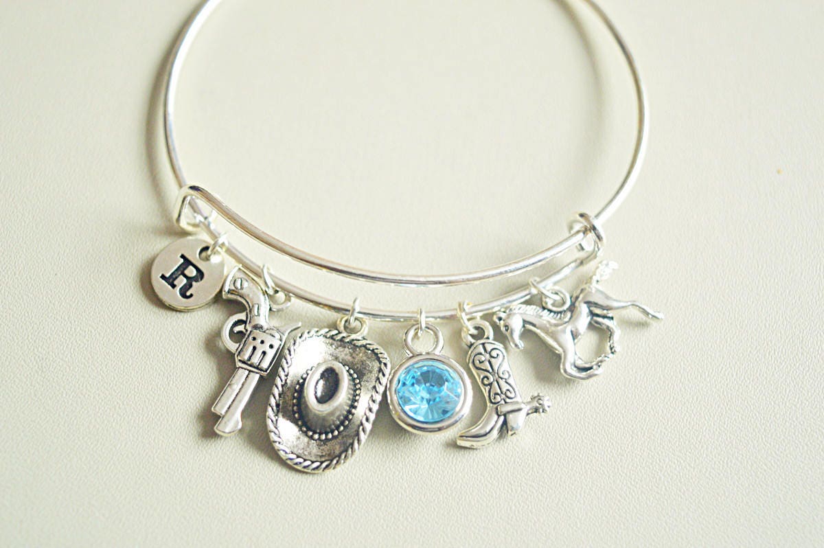 Cowboy Gift, Cowgirl gift, Cowgirl jewelry, Cowboy bracelet, Birthstone Bracelet, Personalized Bracelet, Gun, Horse, Hat, Boot, Rodeo Gift