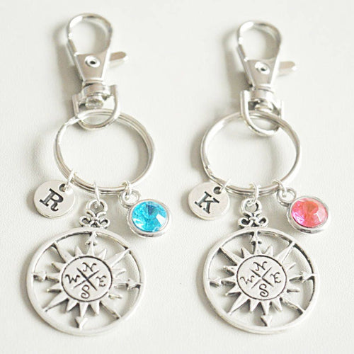 Long distance friendship gift, Couple gift, Best Friend gift, Compass  gift, Matching key ring set, Set of two personalized gifts,Distance