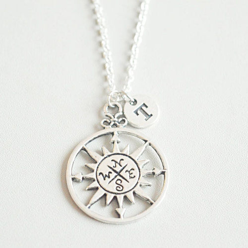 Compass charm necklace, Compass pendant, Silver Compass , Long distance friendship, Distance relationship, Initial necklace, Sun necklace