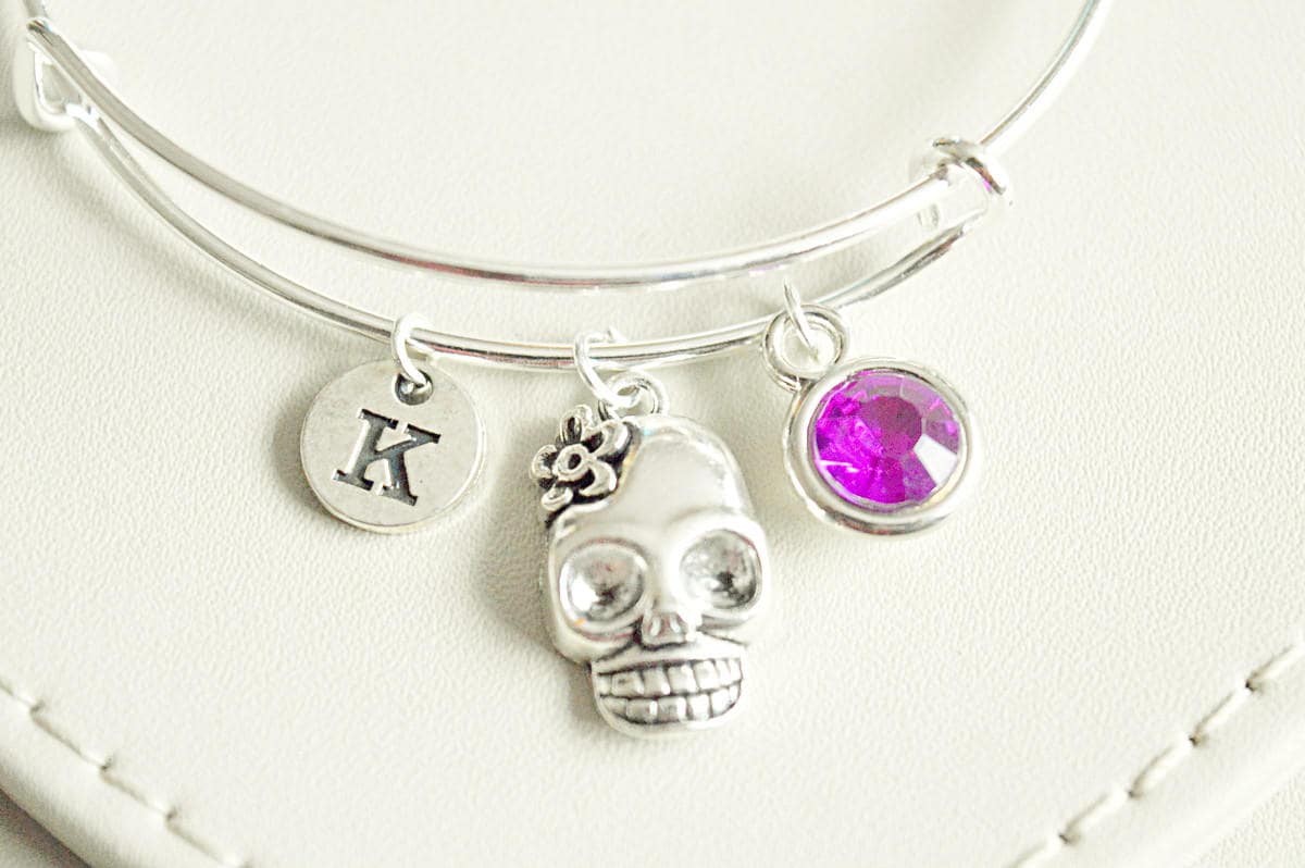 Skull bracelet, skull and roses charm, Gothic bracelet, charm bangle bracelet, personalised skull gift, gift for friend, skull jewellery