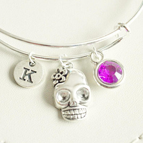 Skull bracelet, skull and roses charm, Gothic bracelet, charm bangle bracelet, personalised skull gift, gift for friend, skull jewellery