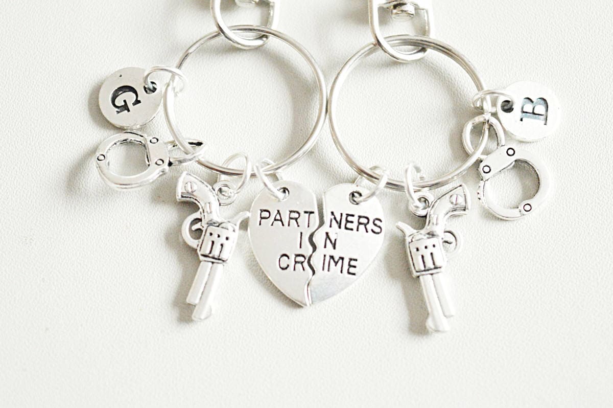 Partner in crime,  partner in crime gift, group gifts, partners in crime gun, bff in crime, partners in crime key ring, Friends keychain