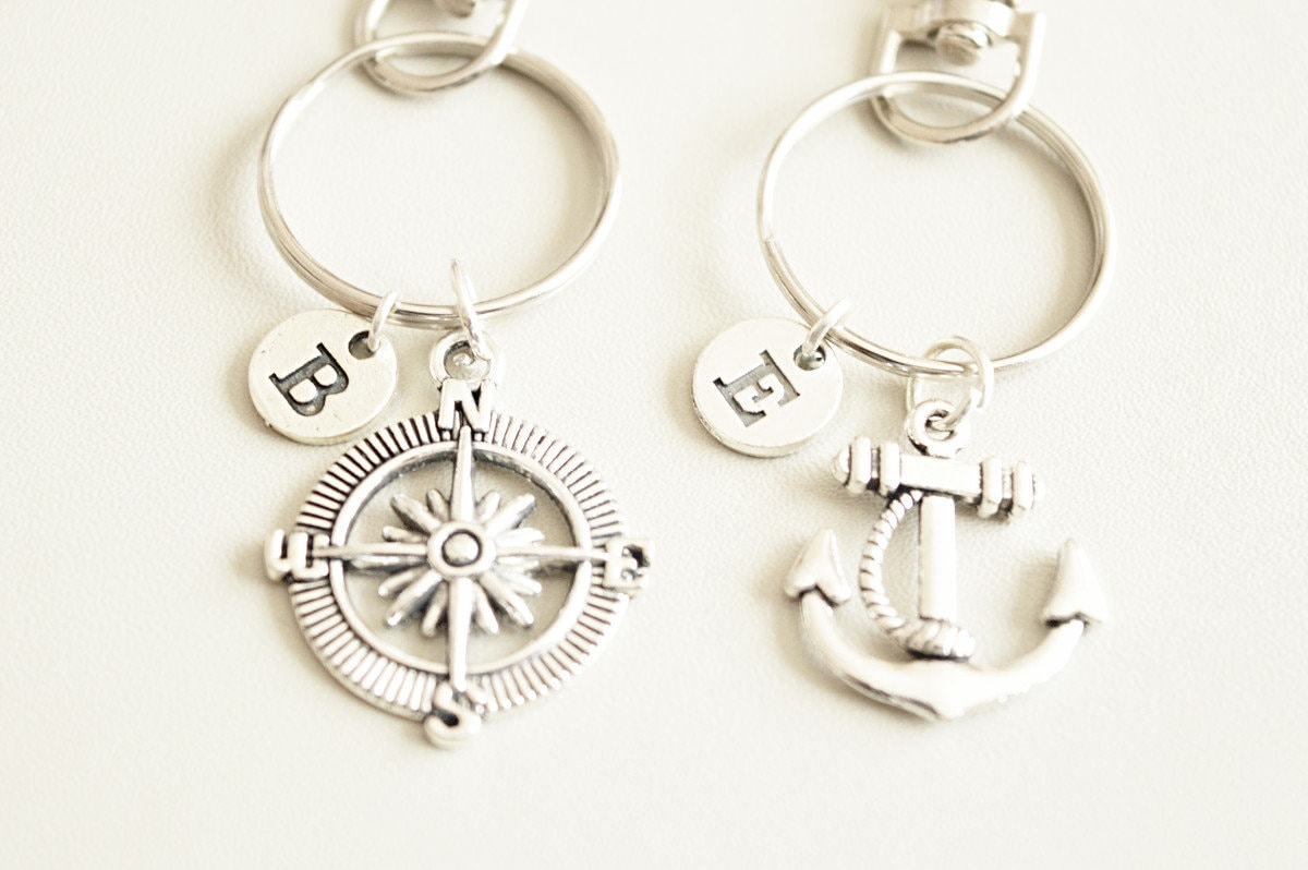Couple keychain, Boyfriend girlfriend Gift, Long distance boyfriend gift, Couples long distance gift, Compass and Anchor, Nautical keyring