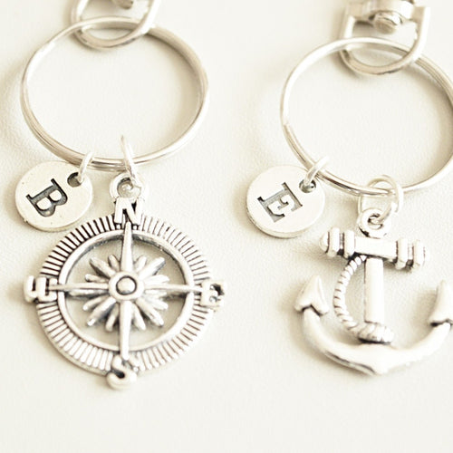 Couple keychain, Boyfriend girlfriend Gift, Long distance boyfriend gift, Couples long distance gift, Compass and Anchor, Nautical keyring