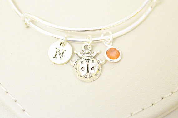 Insect Bracelet, Insect Jewelry, Summer Bracelet, Garden charm, hand stamped gift for her ,ladybug bangle, custom birthstone gift, Silver