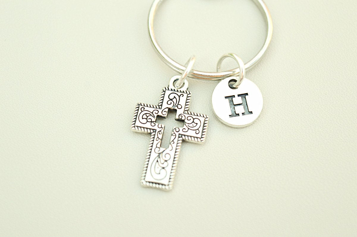 Cross Keychain, Crucifix Gift, Cross Keyring mens, Personalized cross Keychain, Religion Gift, Church friend, Christianity, initial, Key