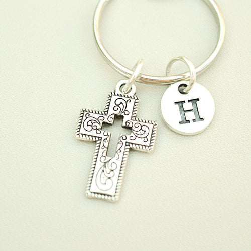 Cross Keychain, Crucifix Gift, Cross Keyring mens, Personalized cross Keychain, Religion Gift, Church friend, Christianity, initial, Key