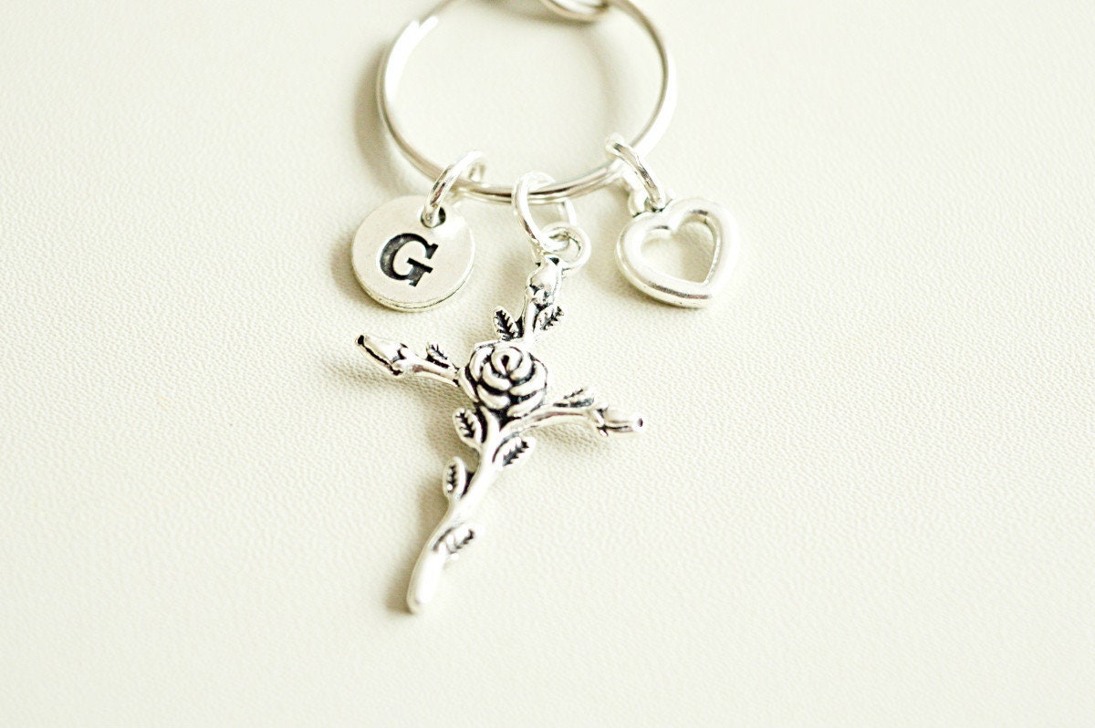 Cross Keychain, Crucifix Gift, Cross Keyring Women, Cross Keychain Gift, Religion Gift, Church friend, Christianity, initial, Key, Rose