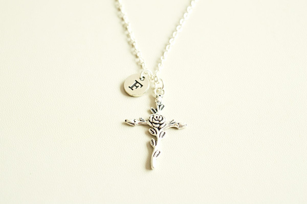 Cross Necklace, Cross Charm necklace, Christening Jewelry, Rose Cross, Holy Cross Necklace, Rose Necklace, Boho, Unique, Trendy, Cool, Cute