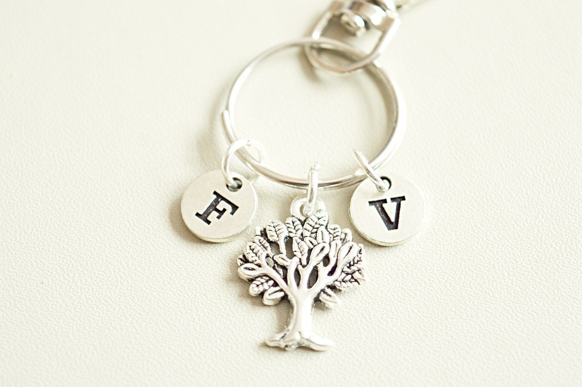 Personalized Keyring for Her, Personalized  Keychain Women, Customized Gifts for her, Family Tree Keychain, Initial disc keychain, Woodland