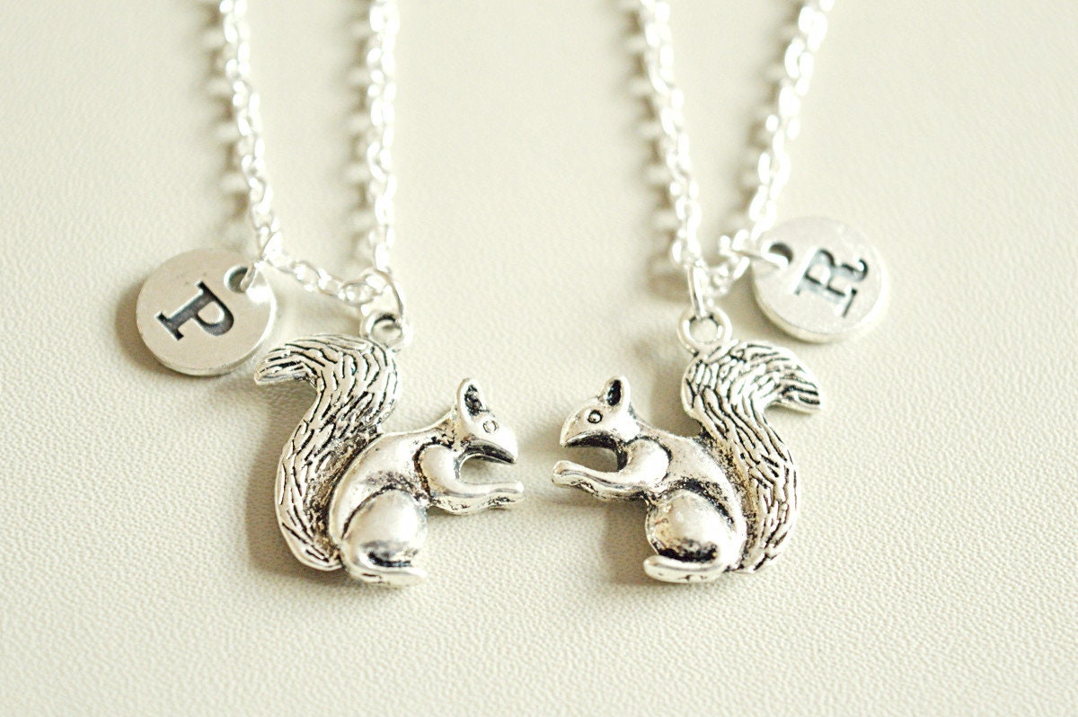 Animal Necklace, Charm Necklace, BFF Gift Idea, Initial Necklace, Monogram Necklace, Two Best Friends, Bestie, Animal Jewelry, Squirrel