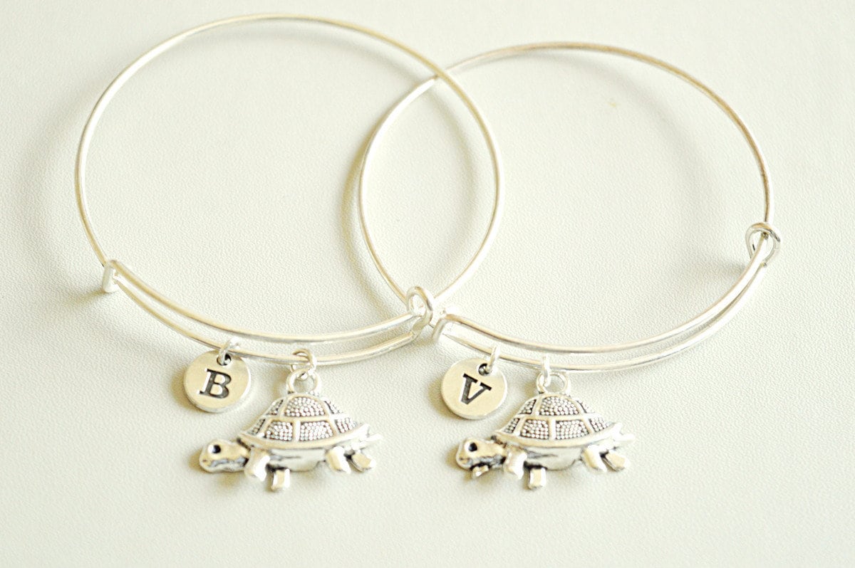 Tortoise Gifts, Best Friend gift idea, BFF Bracelet,  Bff bracelets set, Set of Two, 2 best friend bracelets, Matching, Girls,Initial, Charm