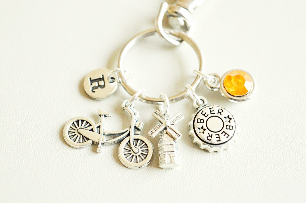 Amsterdam gifts , Amsterdam jewelry, Holland keychain, Dutch Keyring, Gift for Dutch, Dutch gifts, Bicycle, Beer, Wind Mill, Europe, Travel
