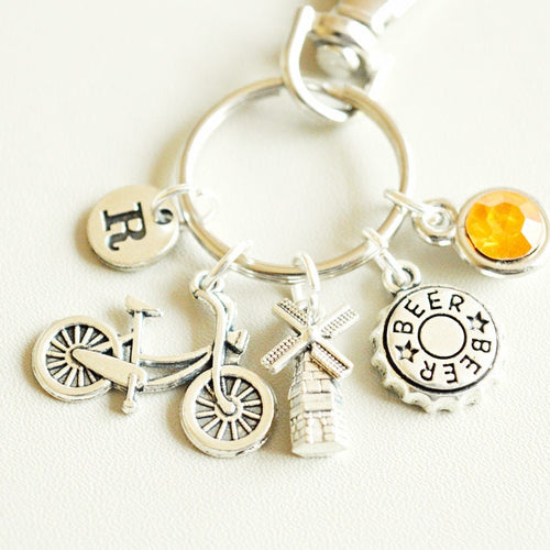 Amsterdam gifts , Amsterdam jewelry, Holland keychain, Dutch Keyring, Gift for Dutch, Dutch gifts, Bicycle, Beer, Wind Mill, Europe, Travel