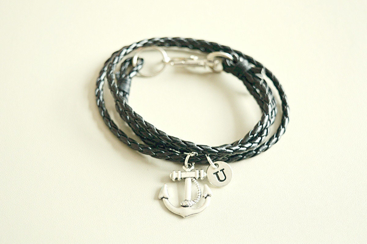 Anchor Mens Bracelet, Gift for Boyfriend, Adjustable Bracelet, Mens bracelet,Charm bracelet,Leather bracelet,Black Bracelet, Personalized