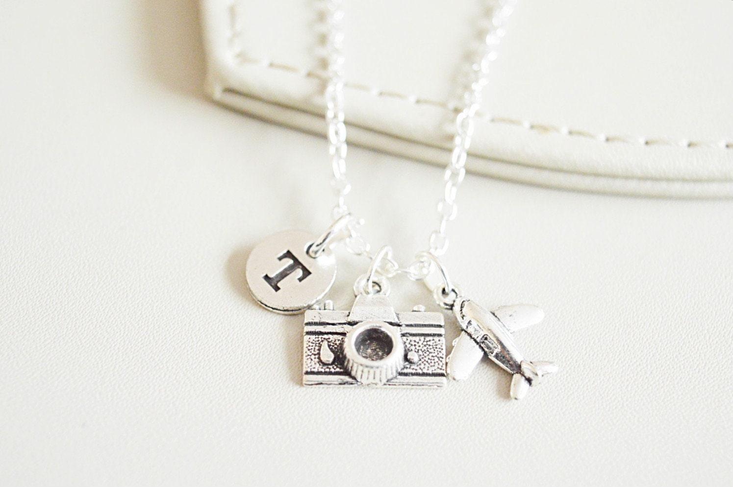 Travel Necklace, Travel Jewelry, Travel Buddy, Camera Necklace, Camera Charm, Journalist Gift, Airplane,Air Plane, Traveller, Photographer