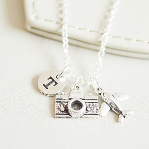 Travel Necklace, Travel Jewelry, Travel Buddy, Camera Necklace, Camera Charm, Journalist Gift, Airplane,Air Plane, Traveller, Photographer
