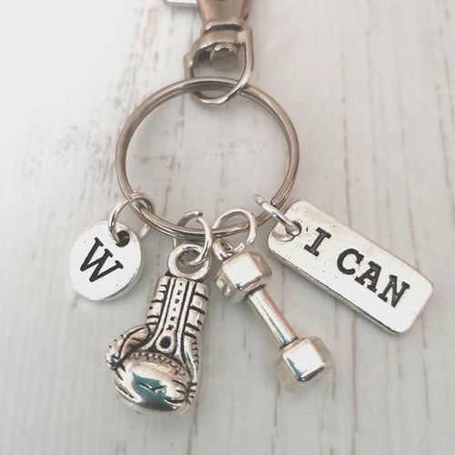 Fitness keyring, Gym keychain, Weightlifting keyring, I can keyring, motivation keyring, fitness gift for him, workout gift got her,dumbbell