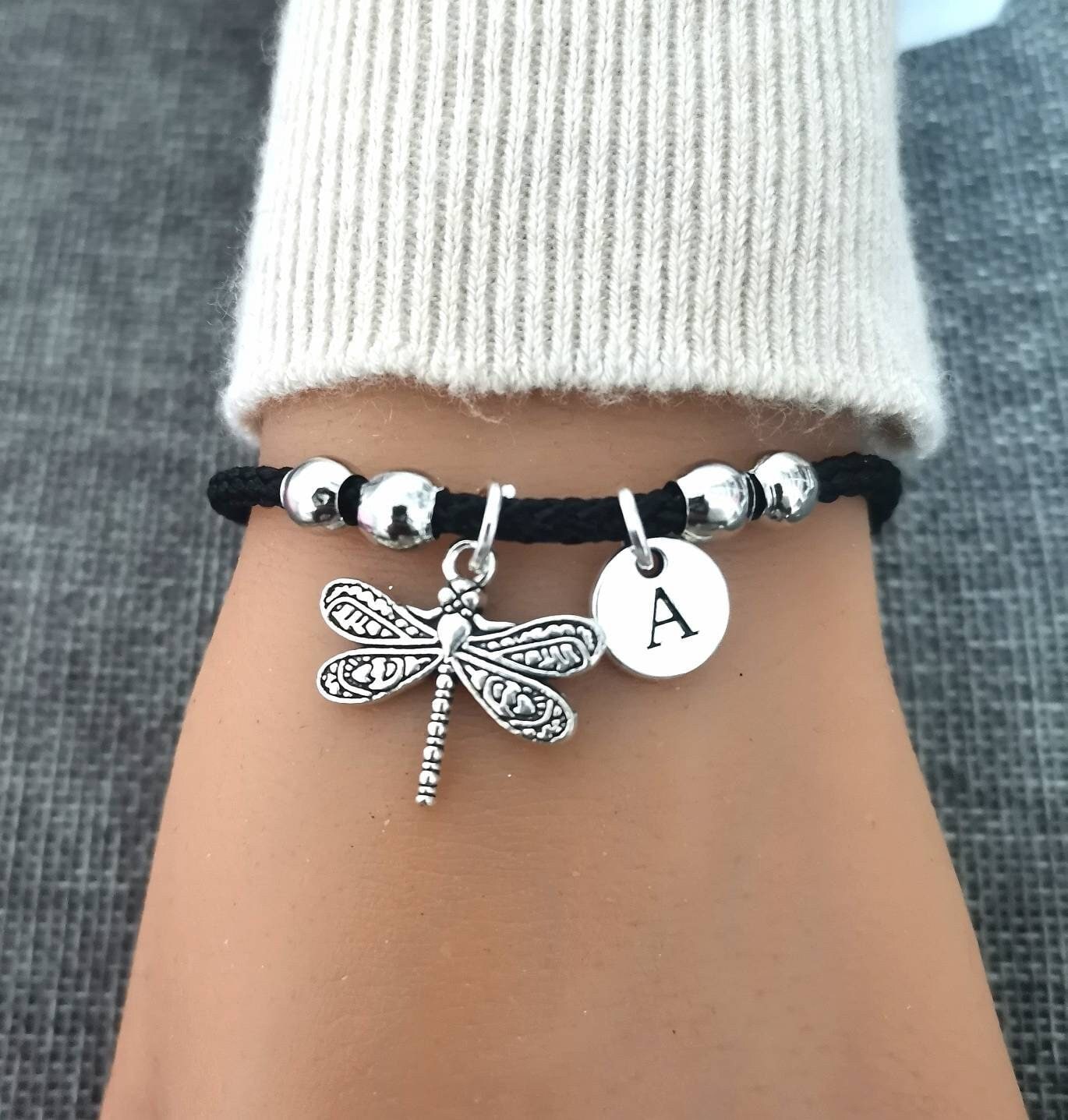 Dragonfly gifts, Dragonfly bracelet, Initial charm bracelet, insect silver jewellery, Dragonfly armband,  Dragonfly charm, Insect bracelet