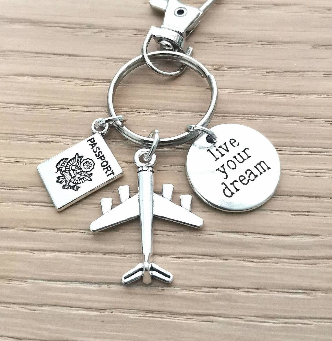 Travel keychain, Traveler key chain, Holiday keyring, Flight attendant keychain, Cabin Crew keyfob, Air plane and Passport, live your dream