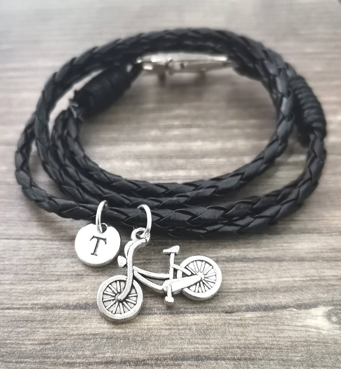 Bicycle Bracelet, Bike Bracelet, Bicycle gifts, Gift for Boyfriend, Cycle Charm , Mens bracelet,Leather bracelet, Black Bracelet, Cyclist