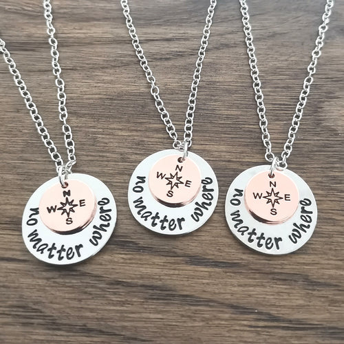 Compass necklace pendant, compass charm, no matter where, bff necklace, sister, mother daughter, friendship jewelry, friends, break up gift