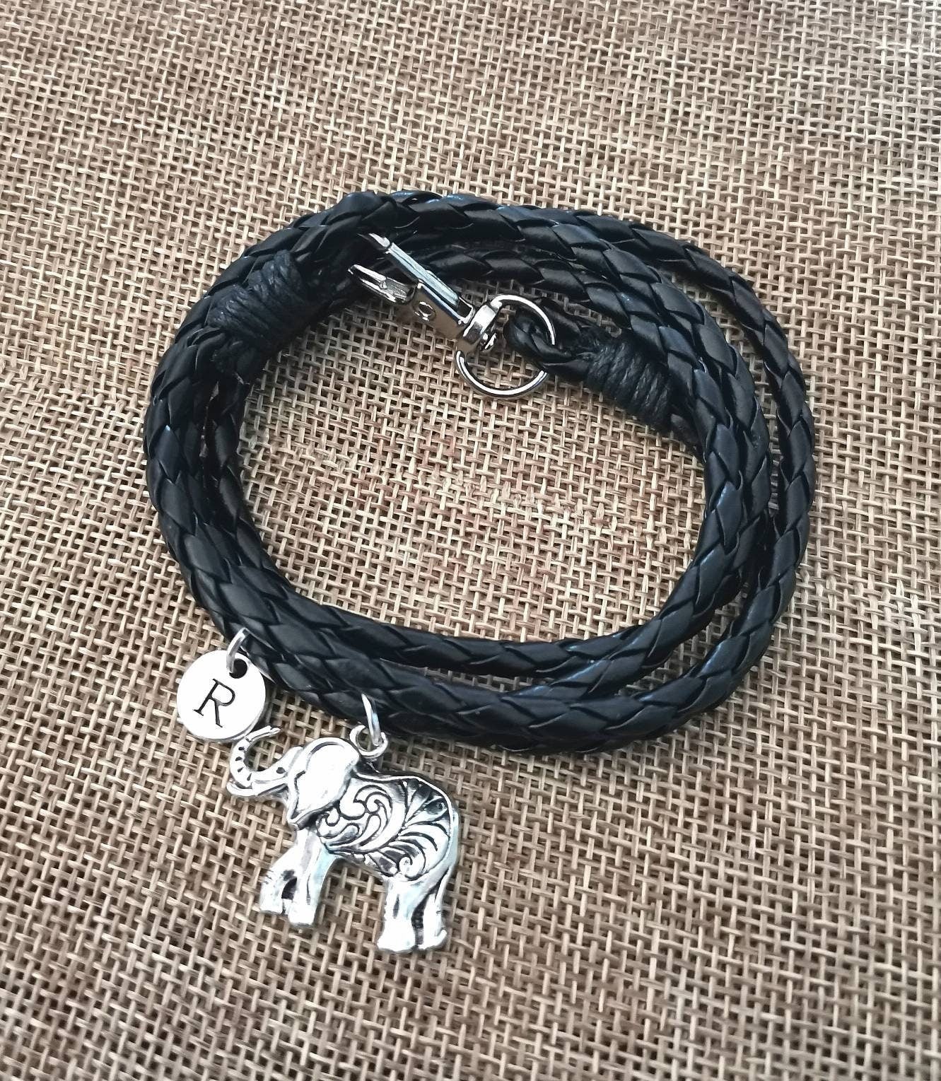 Elephant Bracelet, Black Elephant Bracelet, Elephant gifts, Gift for Boyfriend, Animal Charm , Mens bracelet, Leather bracelet, Christmas