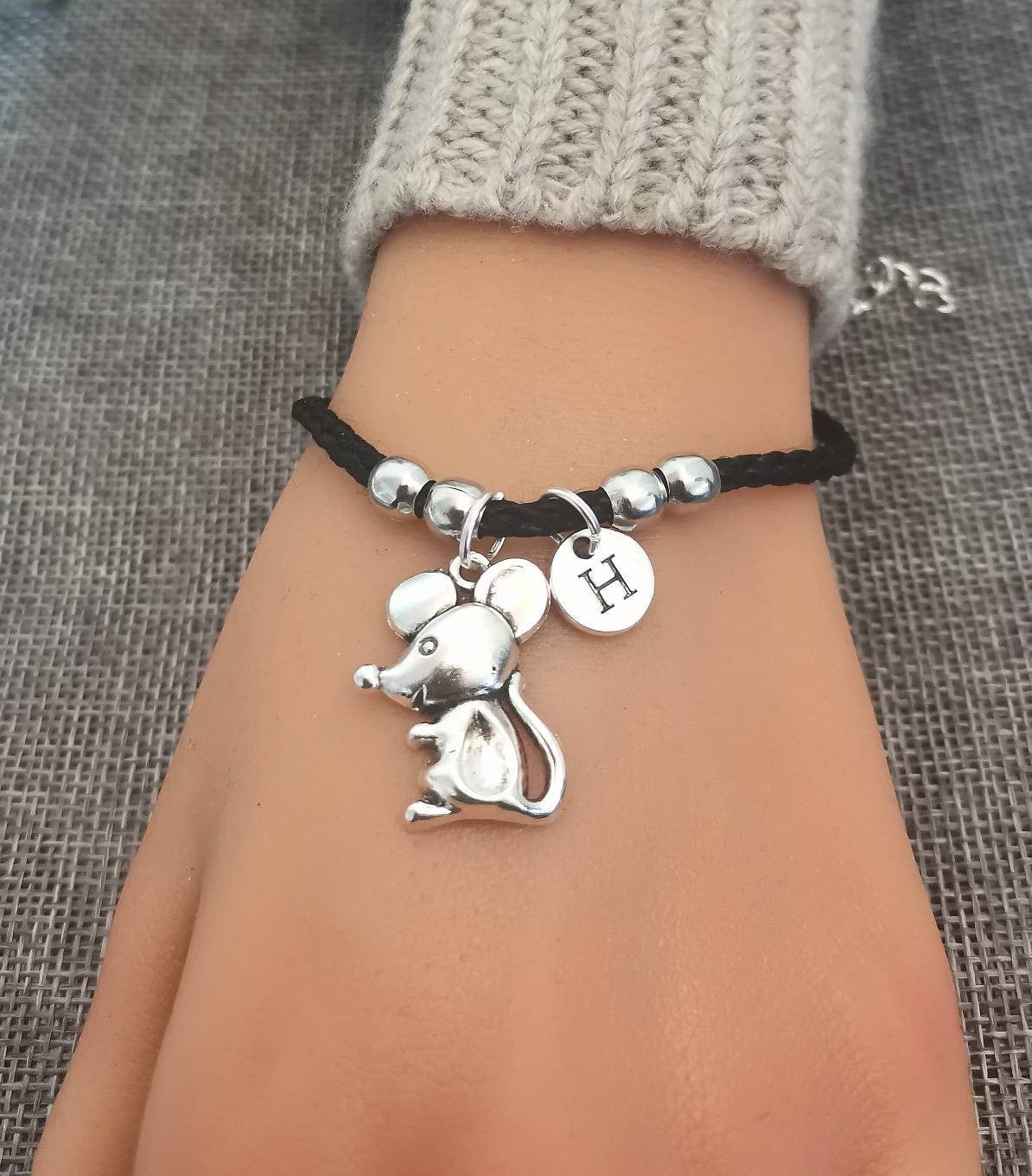 Mouse Gift, Birthday Gift for her, Mouse Bracelet, Silver Mouse Charm, Animal Bracelets, Mouse Jewelry, Mouse Bangle,Rat, Mice,Mouse,Initial