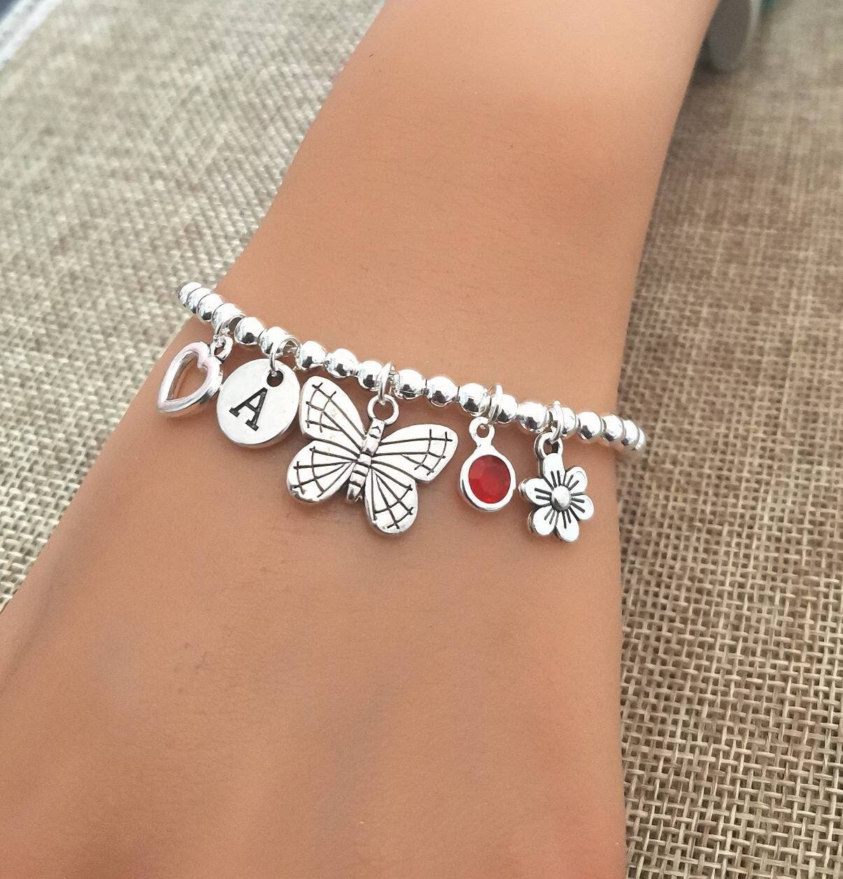 Personalized charm bracelet, multi charm bracelet, personalized bracelet, charm jewelry, gift for her,silver charm jewelry, butterfly, sun